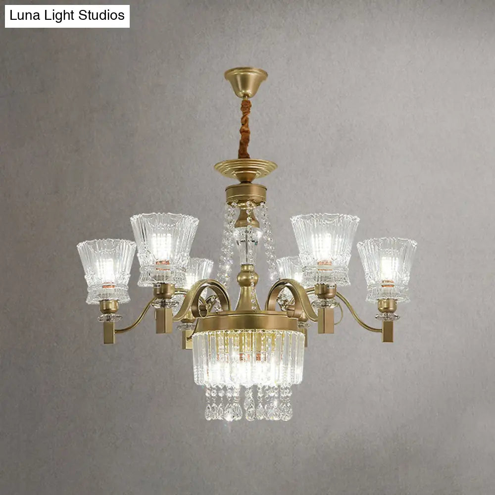 Modern Gold Crystal Chandelier Pendant Lamp With Clear Conical Shades - 6/9-Head Light Fixture For