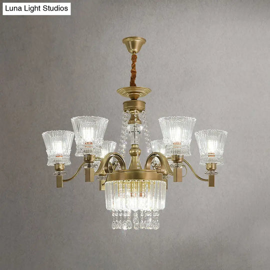 Modern Gold Crystal Chandelier Pendant Lamp With Clear Conical Shades - 6/9-Head Light Fixture For