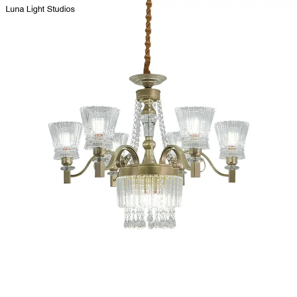 Modern Gold Crystal Chandelier Pendant Lamp With Clear Conical Shades - 6/9-Head Light Fixture For