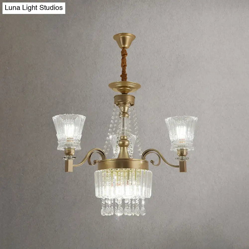 Modern Gold Crystal Chandelier Pendant Lamp With Clear Conical Shades - 6/9-Head Light Fixture For