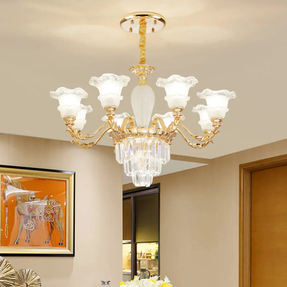 Modern Gold Crystal Chandelier With Frosted Glass - Blossom Pendant Lamp (8 Bulbs)