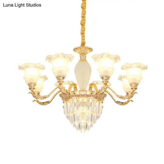 Modern Gold Crystal Chandelier With Frosted Glass Shades - Blossom Living Room Pendant Lamp (8