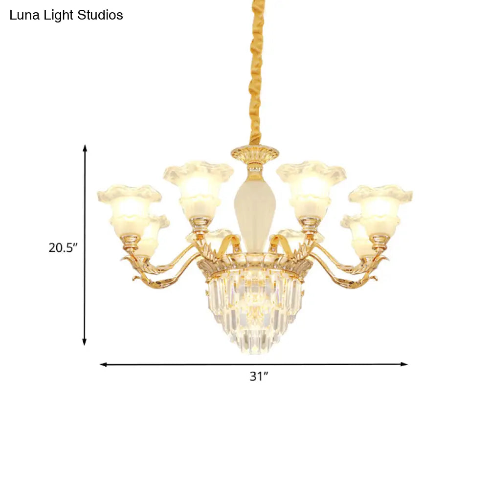 Modern Gold Crystal Chandelier With Frosted Glass - Blossom Pendant Lamp (8 Bulbs)