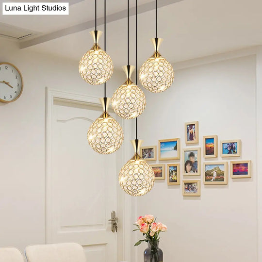 Modern Gold Crystal Cluster Pendant Light - Perfect For Dining Room 3/5 Bulbs Globe Design