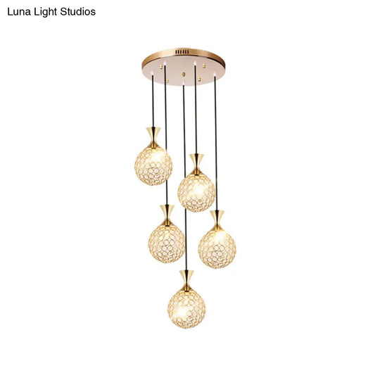 Modern Gold Crystal Cluster Pendant Light - Perfect For Dining Room 3/5 Bulbs Globe Design