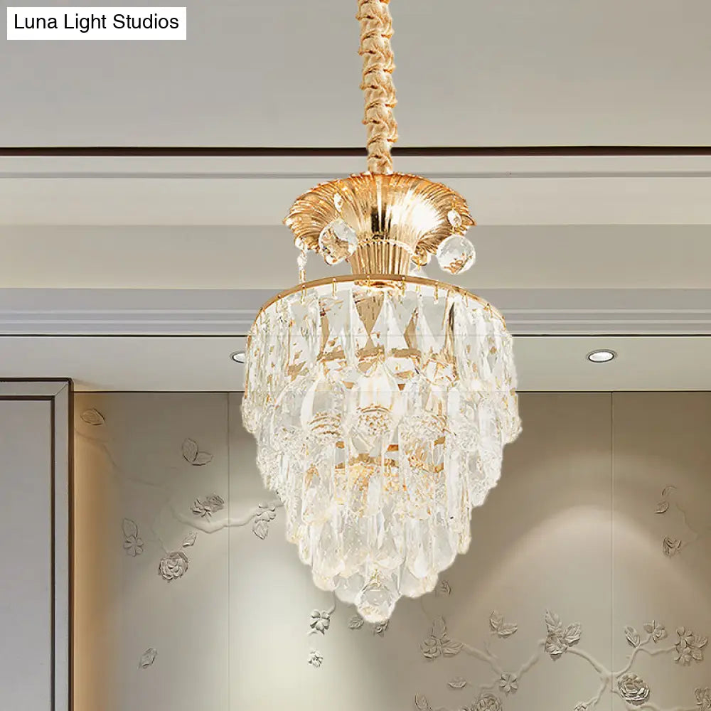 Modern Gold Crystal Dining Table Pendant Lamp - 1-Light Down Lighting Clear Tapered/Layered Design