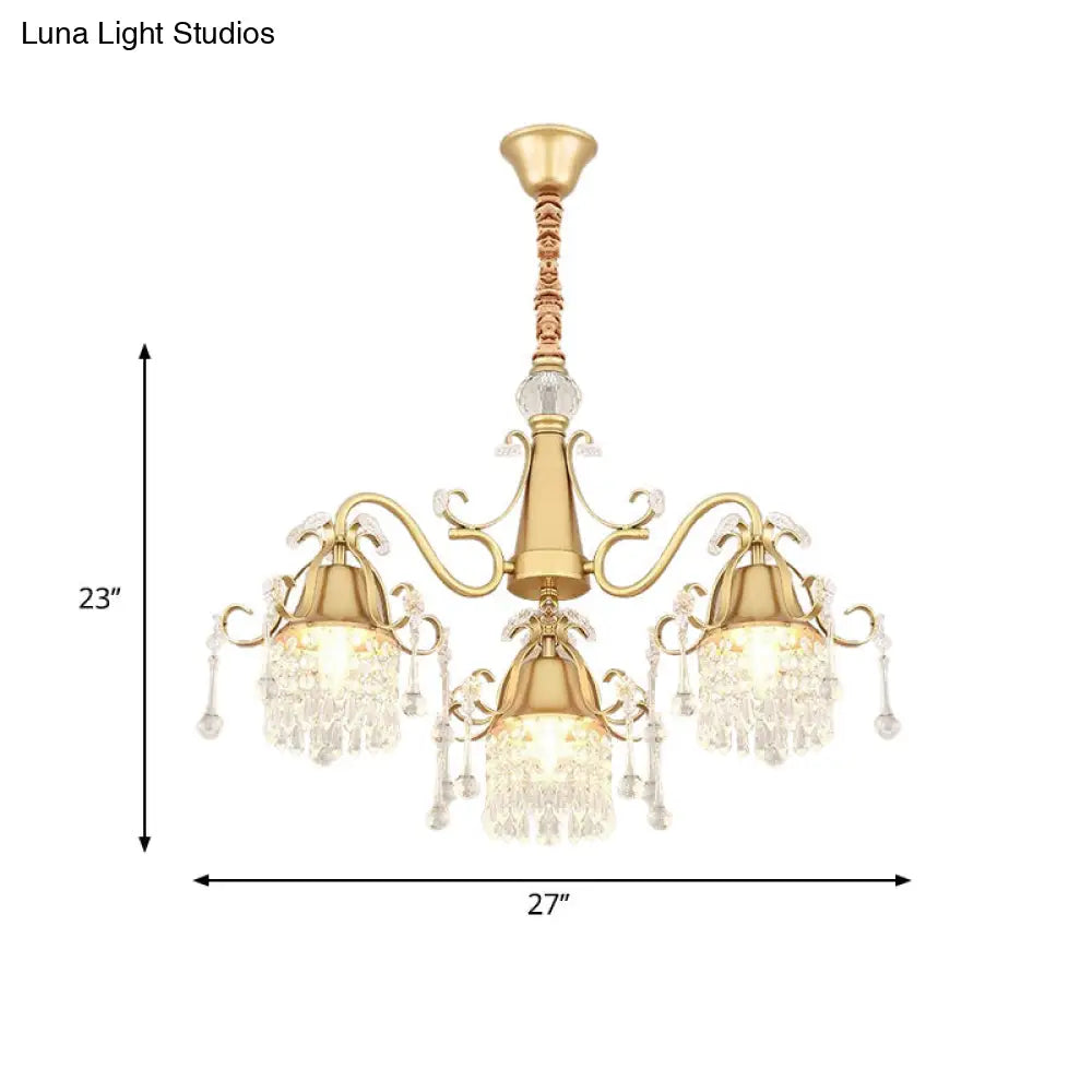 Modern Gold Crystal Drip Cylinder Chandelier With 3 Pendant Lights For Bedroom