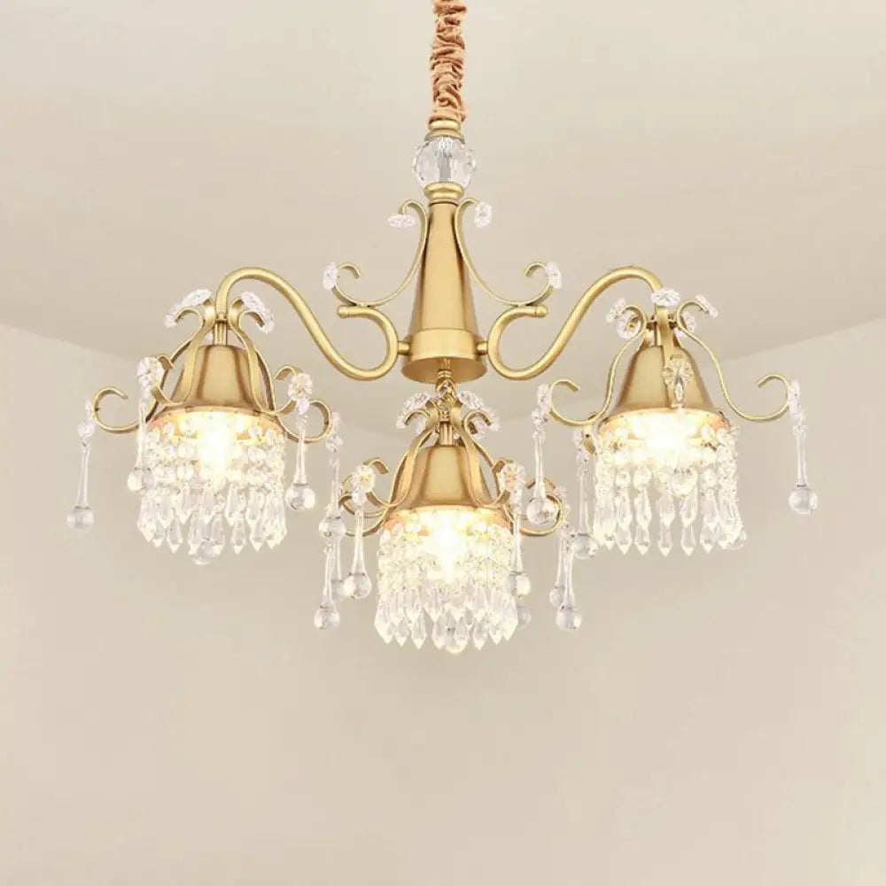 Modern Gold Crystal Drip Cylinder Chandelier With 3 Pendant Lights For Bedroom