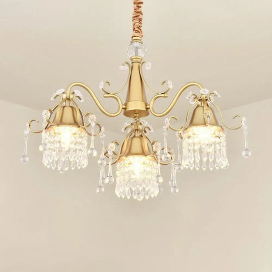 Modern Gold Crystal Drip Cylinder Chandelier With 3 Pendant Lights For Bedroom