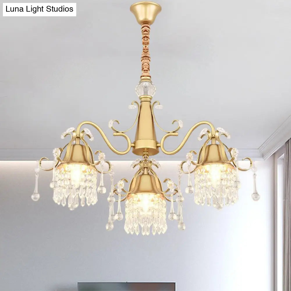 Modern Gold Crystal Drip Cylinder Chandelier With 3 Pendant Lights For Bedroom