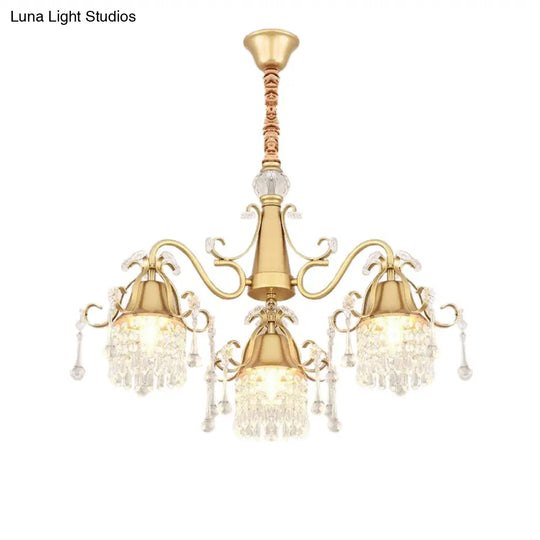 Modern Gold Crystal Drip Cylinder Chandelier With 3 Pendant Lights For Bedroom