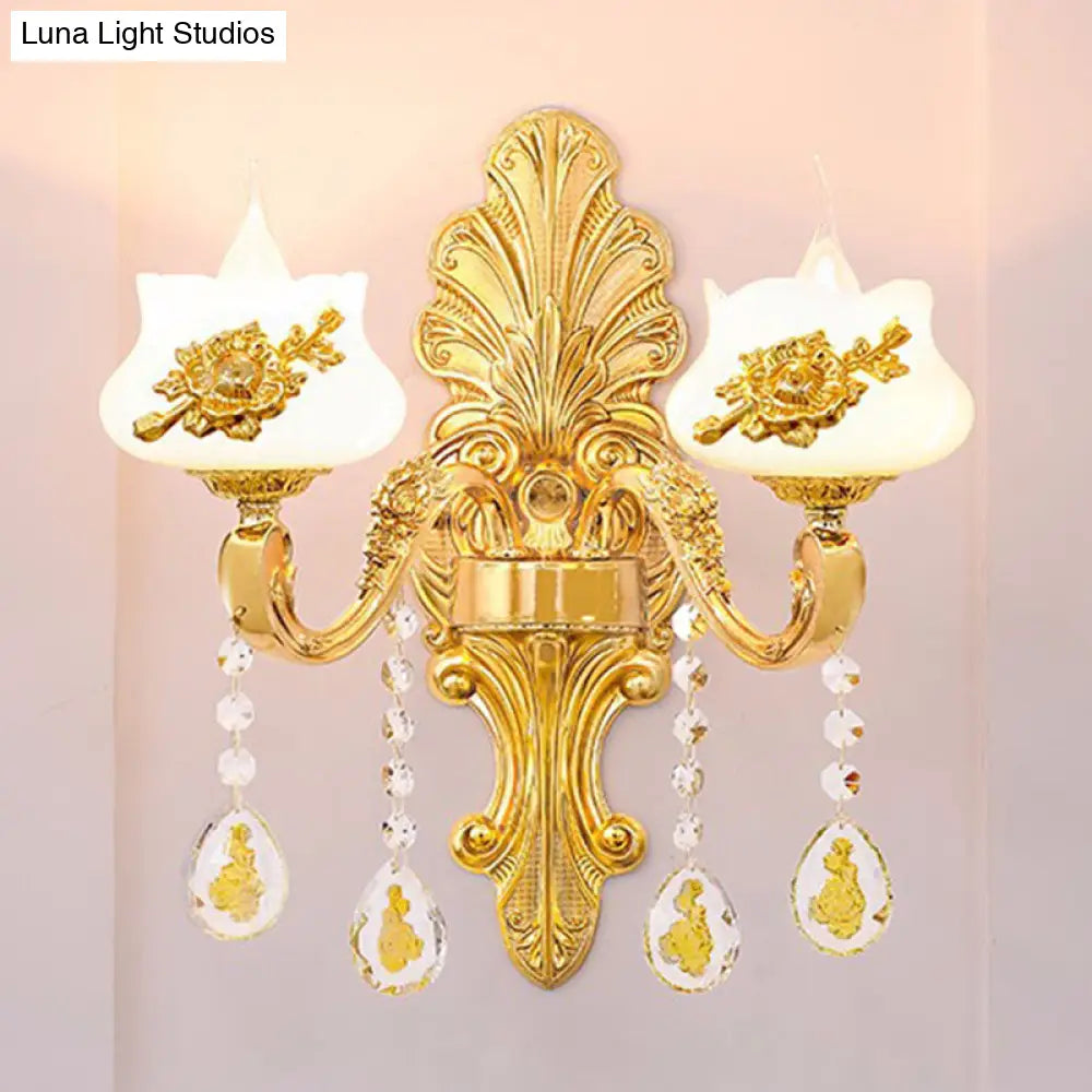 Modern Gold Crystal Droplet Glass Flower Wall Mount Sconce