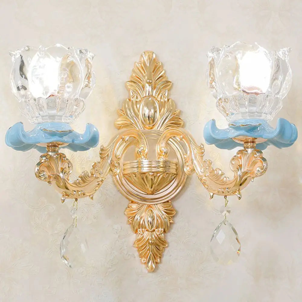 Modern Gold Crystal Droplet Glass Flower Wall Mount Sconce 2 / A