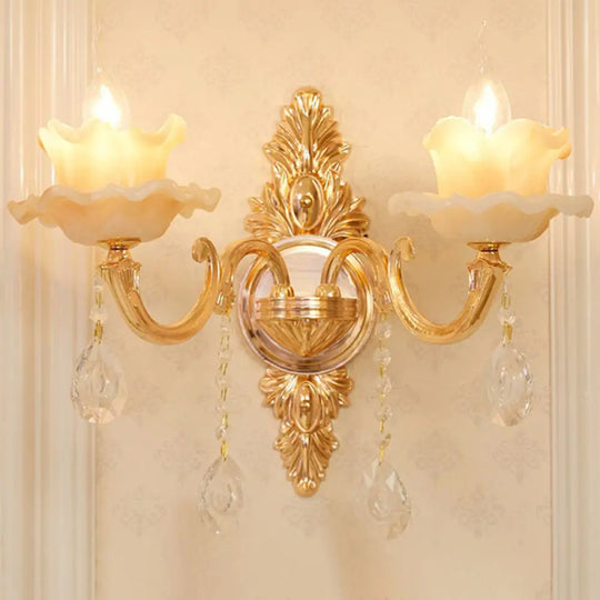 Modern Gold Crystal Droplet Glass Flower Wall Mount Sconce 2 / D