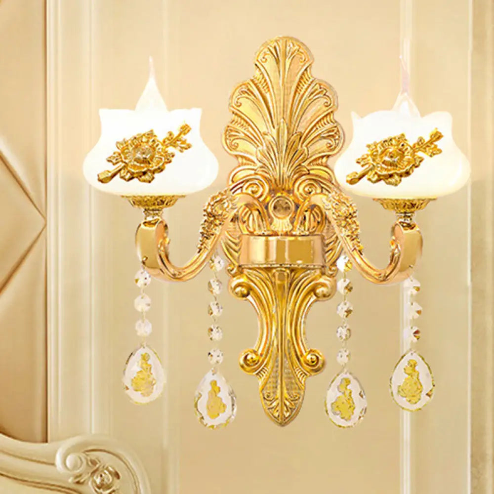 Modern Gold Crystal Droplet Glass Flower Wall Mount Sconce 2 / F