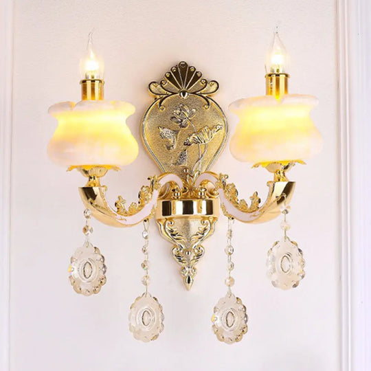 Modern Gold Crystal Droplet Glass Flower Wall Mount Sconce 2 / G