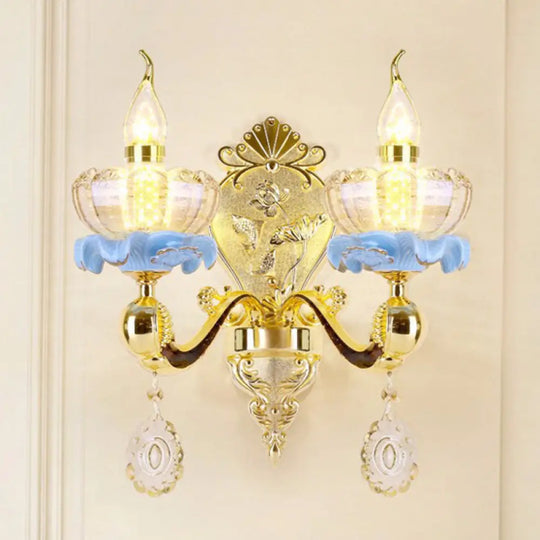 Modern Gold Crystal Droplet Glass Flower Wall Mount Sconce 2 / H