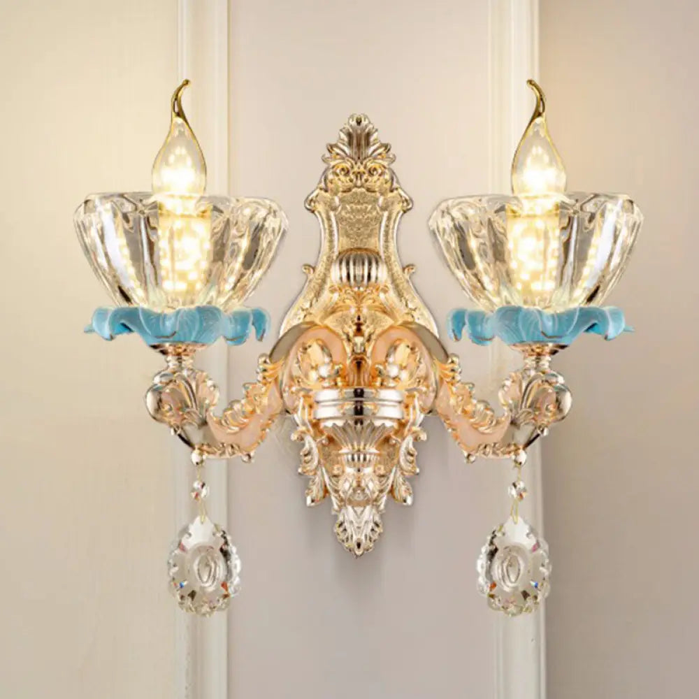 Modern Gold Crystal Droplet Glass Flower Wall Mount Sconce 2 / I