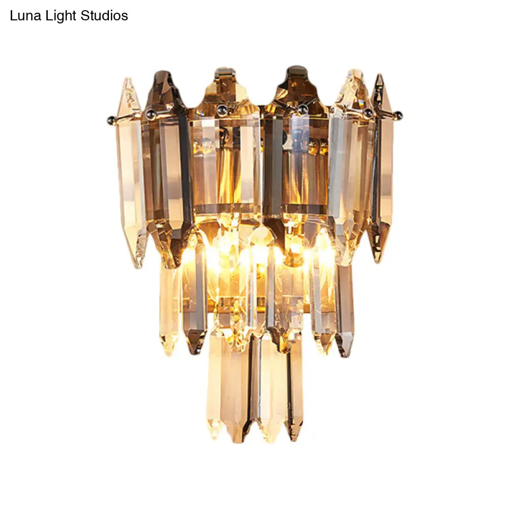 Modern Gold Crystal Flush Wall Sconce With Tapered Heads - Elegant Mount Light Fixture