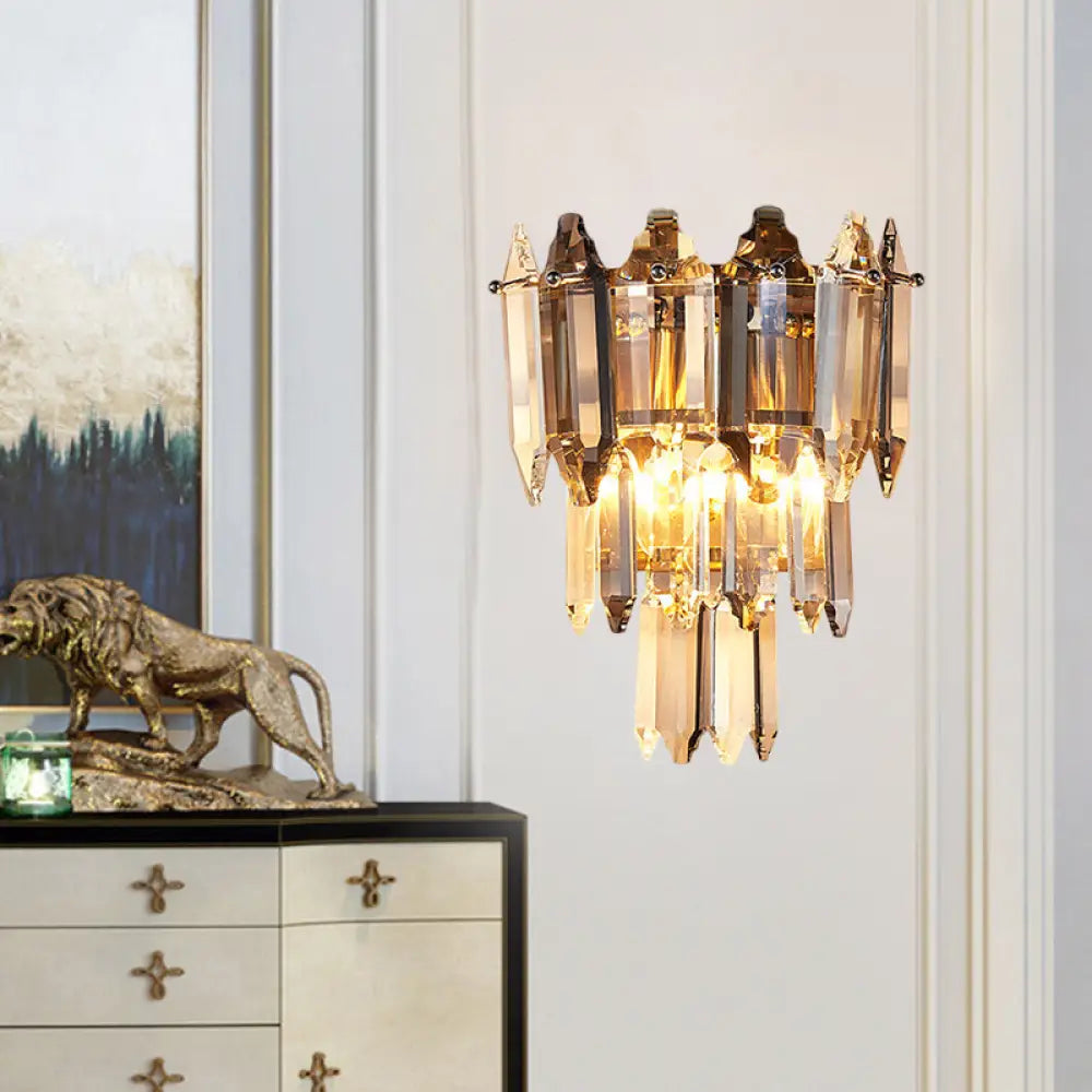 Modern Gold Crystal Flush Wall Sconce With Tapered Heads - Elegant Mount Light Fixture