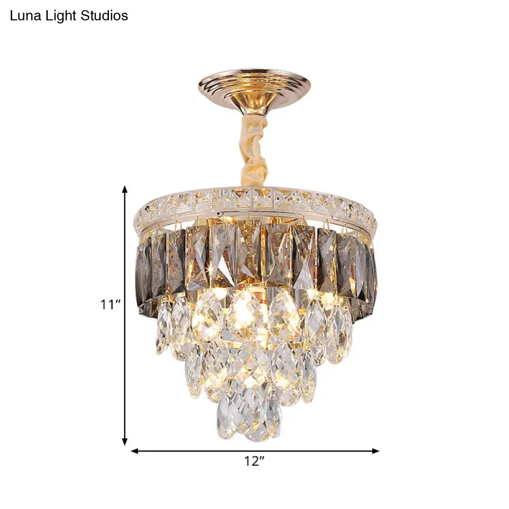 Gold Leaf Chandelier - Modern Crystal Suspension Lamp For Balcony Ceiling (3-Head)