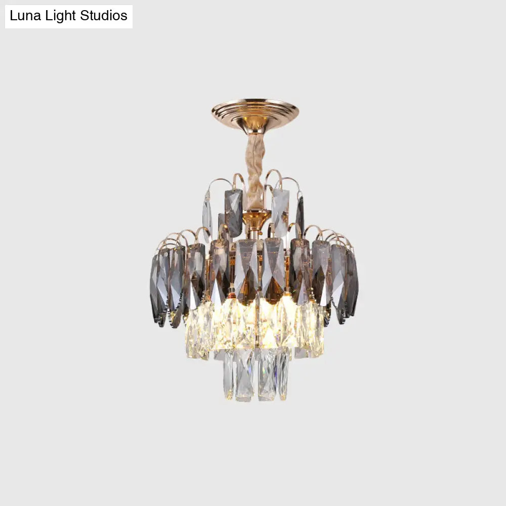 Gold Leaf Chandelier - Modern Crystal Suspension Lamp For Balcony Ceiling (3-Head)