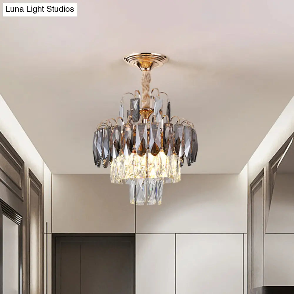 Gold Leaf Chandelier - Modern Crystal Suspension Lamp For Balcony Ceiling (3-Head)