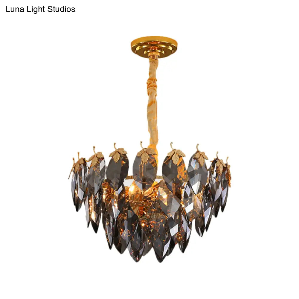 Modern Gold Crystal Leaf Chandelier With Tapered Design - 4 Heads Coffee Shop Suspension Light