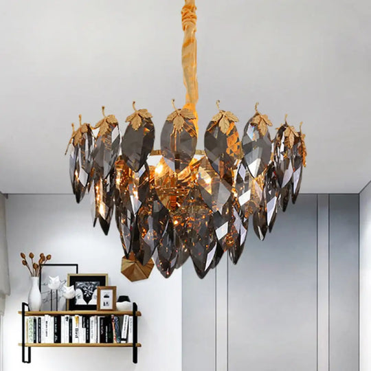 Modern Gold Crystal Leaf Chandelier With Tapered Design - 4 Heads Coffee Shop Suspension Light