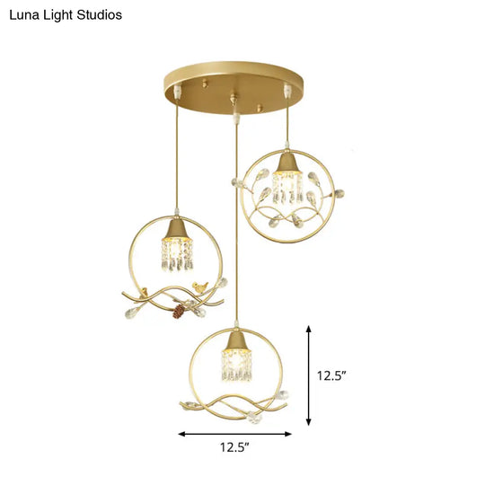 Modern Gold Crystal Pendant - 3 Bulb Cylindrical Dining Room Hanging Lamp Kit