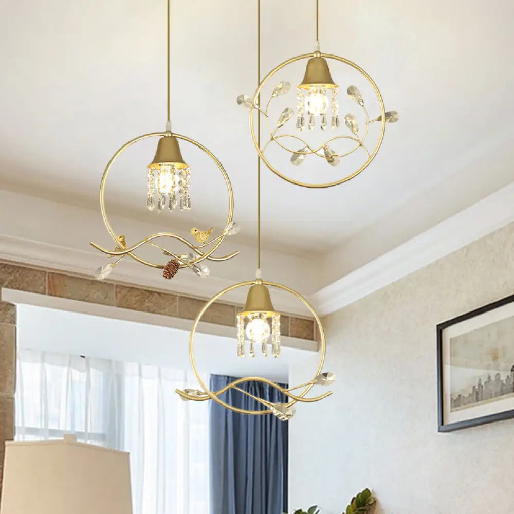 Modern Gold Crystal Pendant - 3 Bulb Cylindrical Dining Room Hanging Lamp Kit