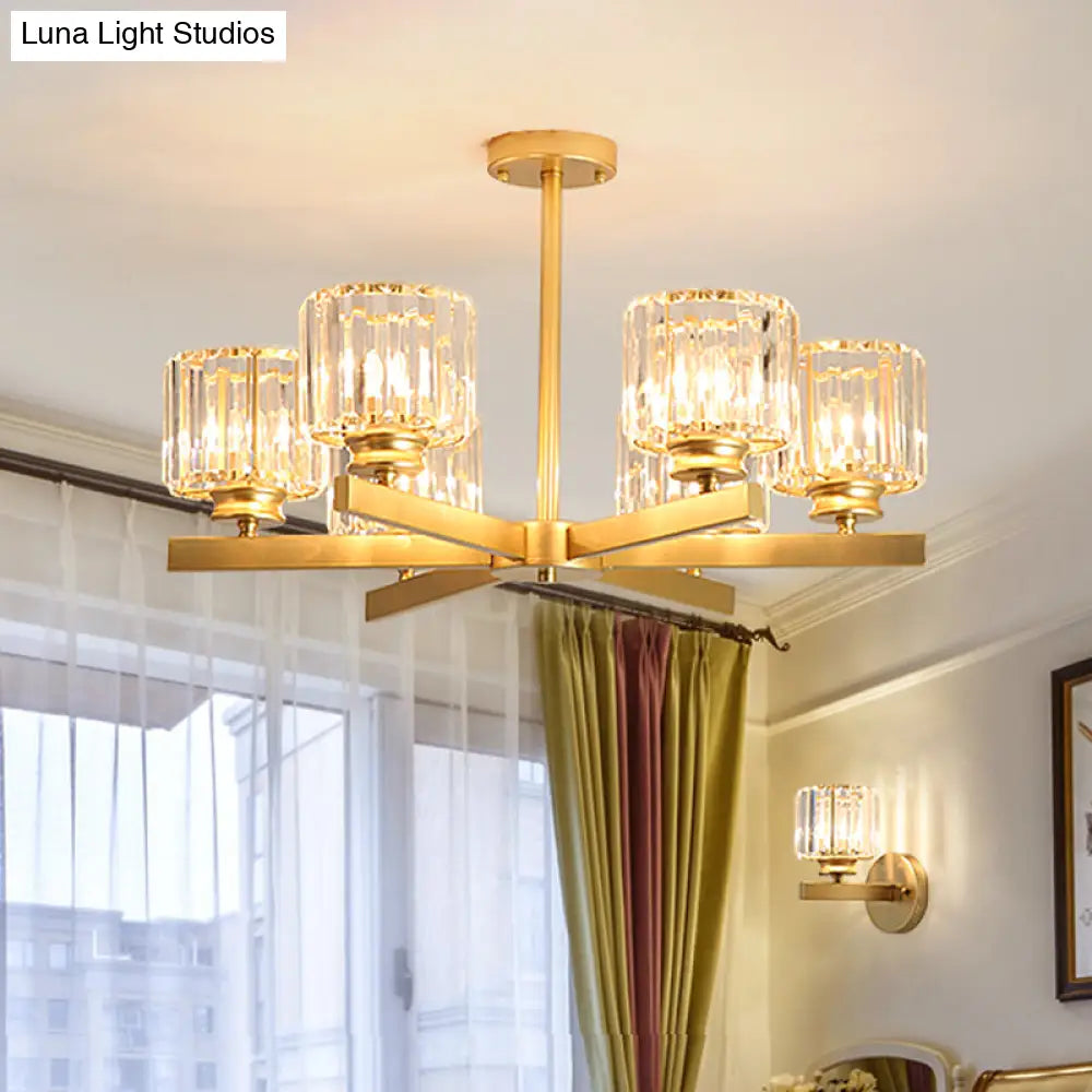 Modern Gold Crystal Pendant Chandelier Light - 3/6/10 Heads Cylindrical Design