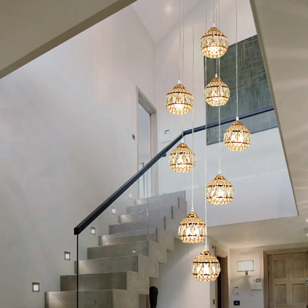 Modern Gold Crystal Pendant Light Cluster With 8 Lights For Stair - Meteor Shower Inspired Hanging