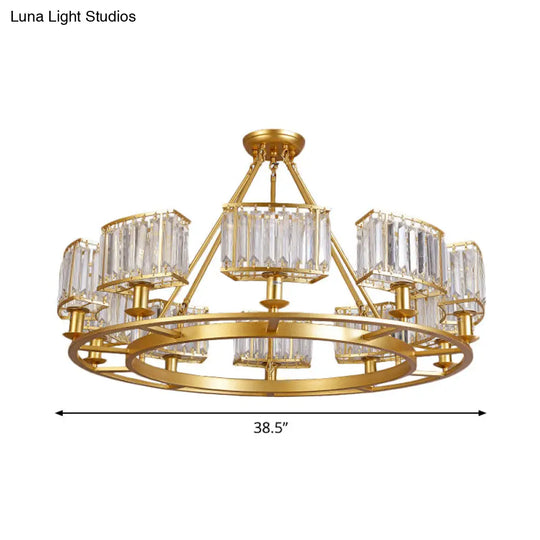 Modern Gold Circle Chandelier Pendant Light With Clear Crystal Prisms - 6/8/10 Bulb Dining Room