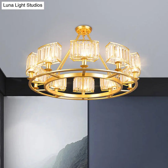 Modern Gold Circle Chandelier Pendant Light With Clear Crystal Prisms - 6/8/10 Bulb Dining Room