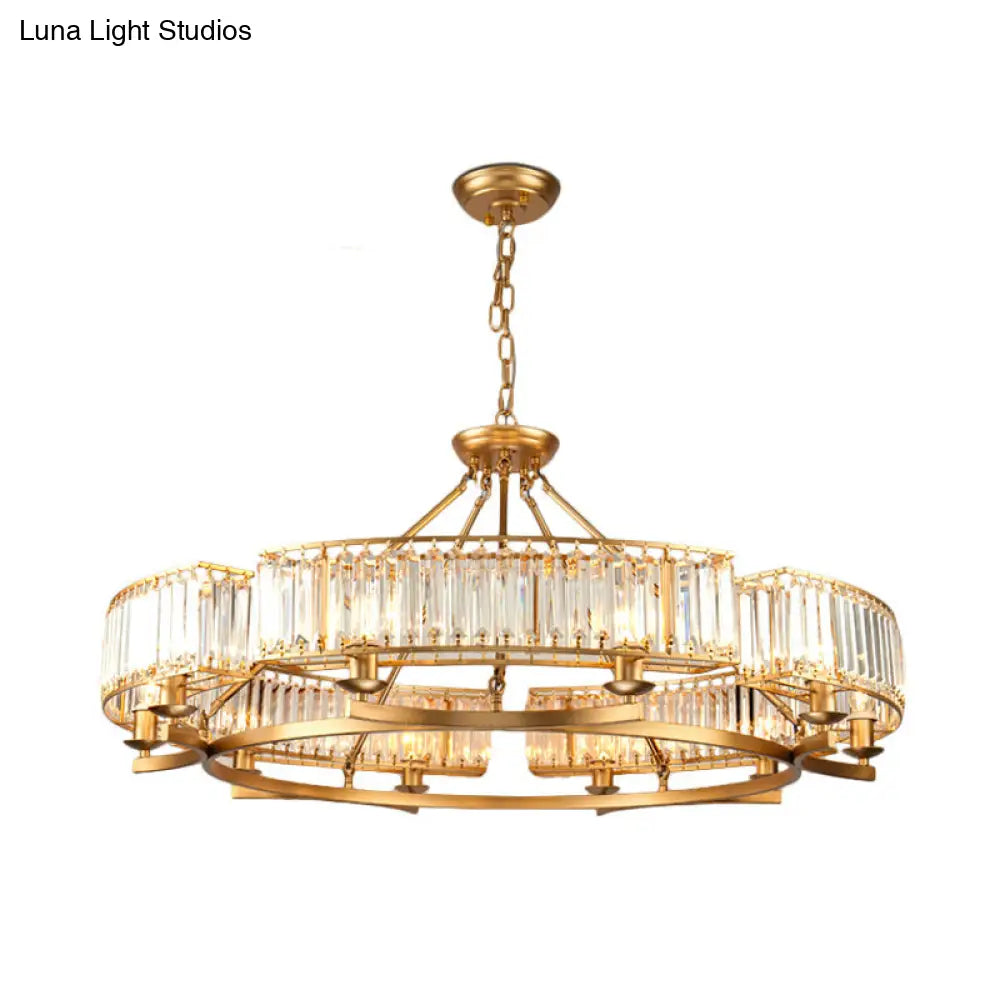 Modern Gold Circle Chandelier Pendant Light With Clear Crystal Prisms - 6/8/10 Bulb Dining Room