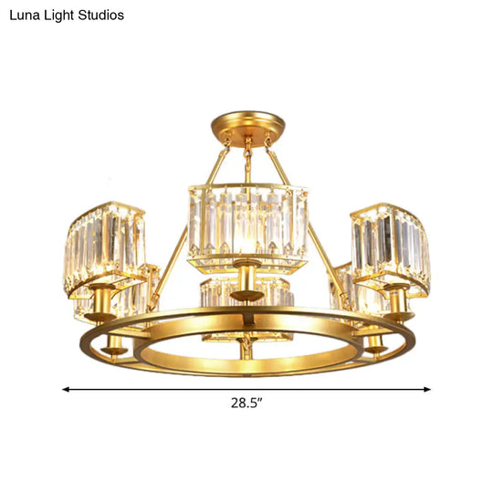 Modern Gold Circle Chandelier Pendant Light With Clear Crystal Prisms - 6/8/10 Bulb Dining Room