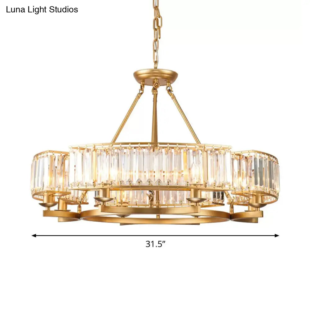 Modern Gold Circle Chandelier Pendant Light With Clear Crystal Prisms - 6/8/10 Bulb Dining Room