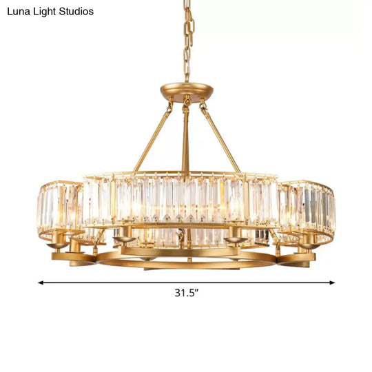 Modern Gold Circle Chandelier Pendant Light With Clear Crystal Prisms - 6/8/10 Bulb Dining Room