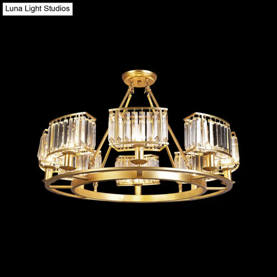 Modern Gold Circle Chandelier Pendant Light With Clear Crystal Prisms - 6/8/10 Bulb Dining Room