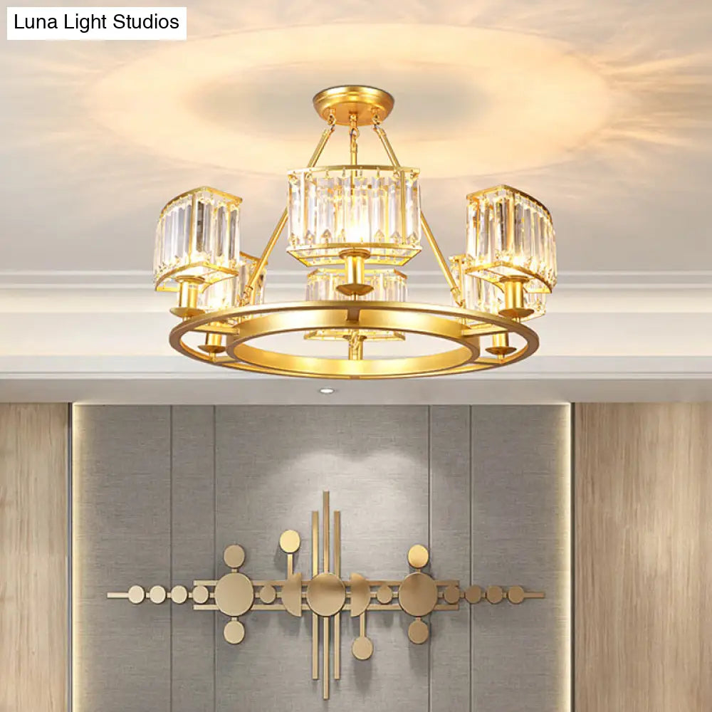 Modern Gold Circle Chandelier Pendant Light With Clear Crystal Prisms - 6/8/10 Bulb Dining Room