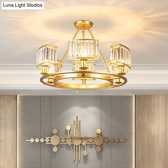 Modern Gold Circle Chandelier Pendant Light With Clear Crystal Prisms - 6/8/10 Bulb Dining Room