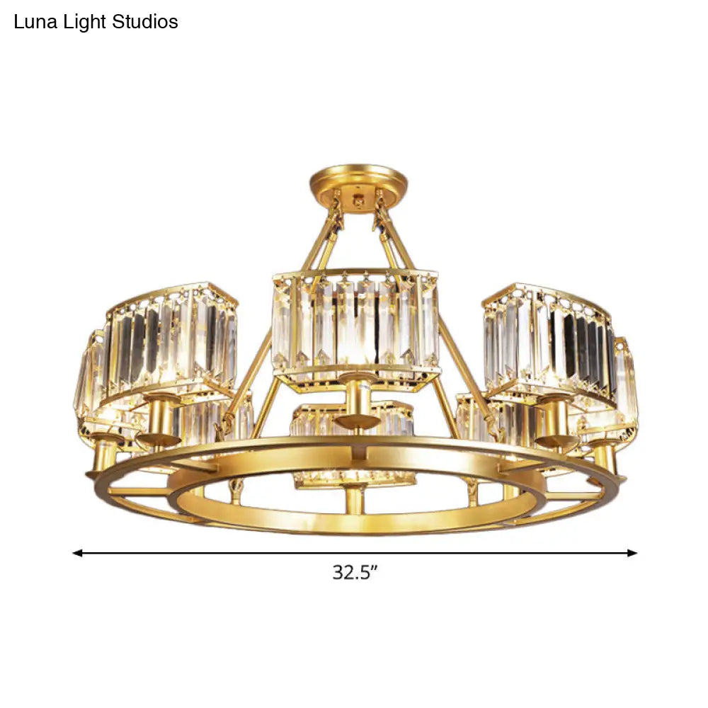 Modern Gold Circle Chandelier Pendant Light With Clear Crystal Prisms - 6/8/10 Bulb Dining Room