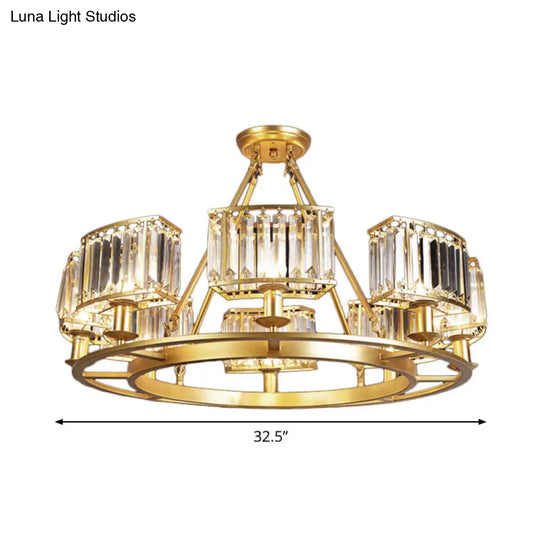 Modern Gold Circle Chandelier Pendant Light With Clear Crystal Prisms - 6/8/10 Bulb Dining Room