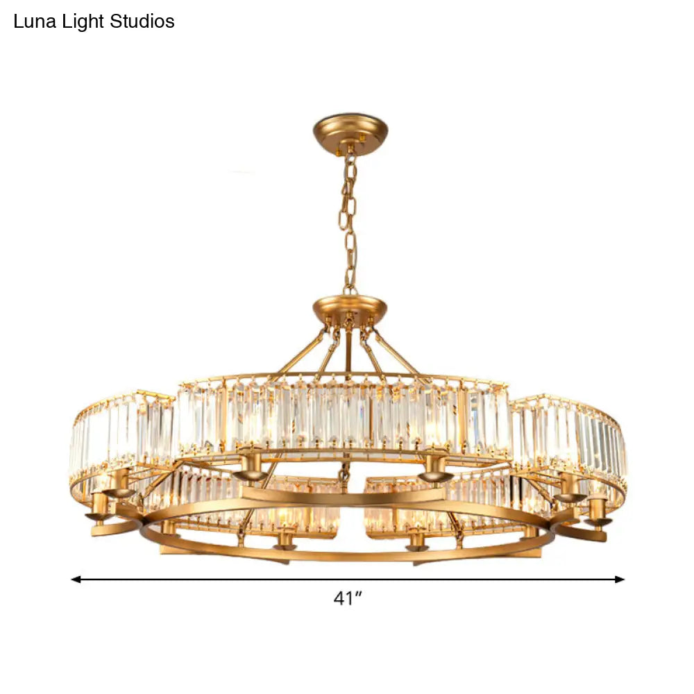 Modern Gold Circle Chandelier Pendant Light With Clear Crystal Prisms - 6/8/10 Bulb Dining Room