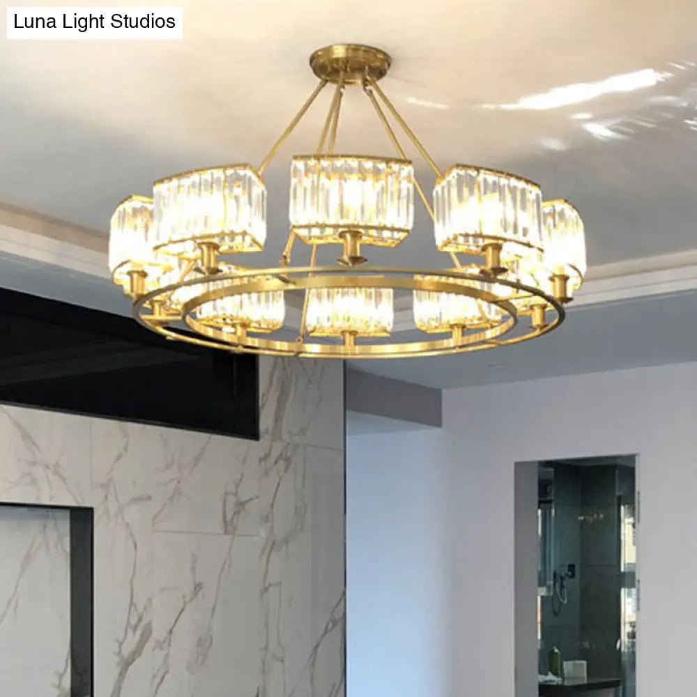 Modern Gold Circle Chandelier Pendant Light With Clear Crystal Prisms - 6/8/10 Bulb Dining Room