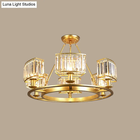 Modern Gold Circle Chandelier Pendant Light With Clear Crystal Prisms - 6/8/10 Bulb Dining Room