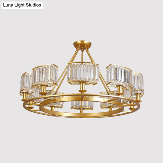 Modern Gold Circle Chandelier Pendant Light With Clear Crystal Prisms - 6/8/10 Bulb Dining Room