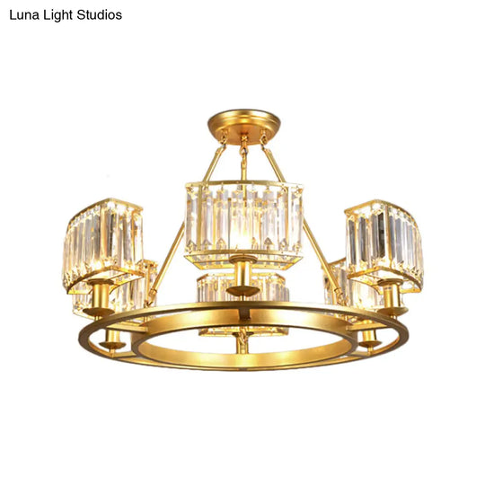 Modern Gold Circle Chandelier Pendant Light With Clear Crystal Prisms - 6/8/10 Bulb Dining Room