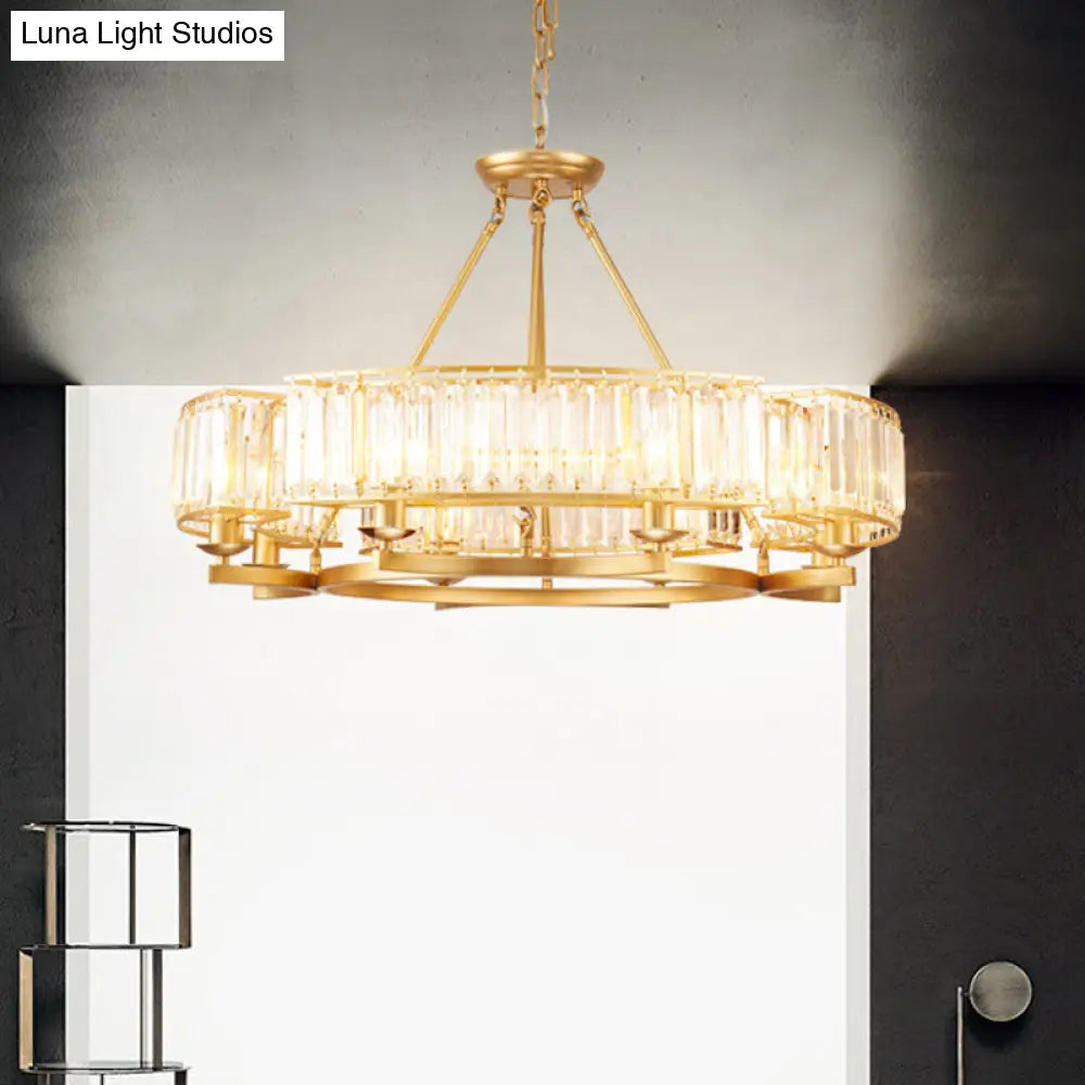 Modern Gold Circle Chandelier Pendant Light With Clear Crystal Prisms - 6/8/10 Bulb Dining Room